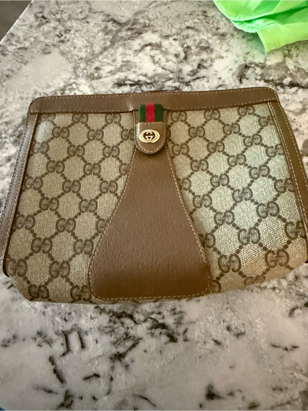 Gucci Brown GG Canvas Sherry Clutch with Leather Trim